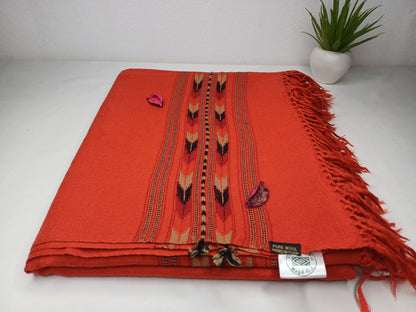 Handwoven Orange Embroidered Himalayan Sheep Wool Meditation Shawl,Wool Prayer Scarf,Kullu Shawl,Ethnic Indian Wool Blanket,Himalayan Prayer