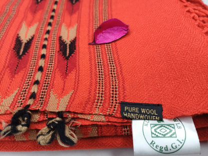 Handwoven Orange Embroidered Himalayan Sheep Wool Meditation Shawl,Wool Prayer Scarf,Kullu Shawl,Ethnic Indian Wool Blanket,Himalayan Prayer
