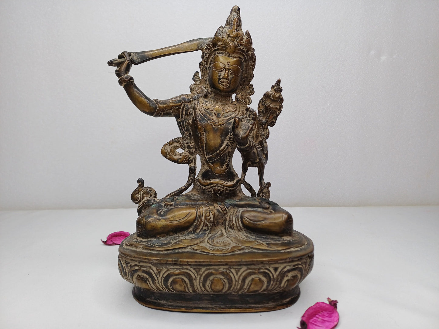 Vintage Hand-Made Brass Tibetan Buddhism Manjushree Statue: Flaming Sword of Enlightenment And Lotus of Knowledge, Old Buddhist Artifact