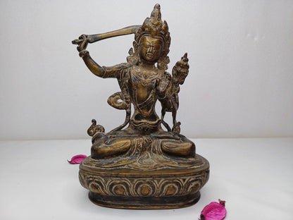 Vintage Hand-Made Brass Tibetan Buddhism Manjushree Statue: Flaming Sword of Enlightenment And Lotus of Knowledge, Old Buddhist Artifact