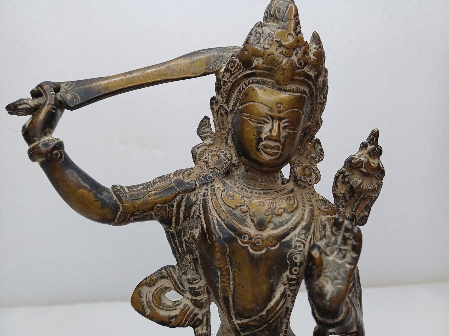 Vintage Hand-Made Brass Tibetan Buddhism Manjushree Statue: Flaming Sword of Enlightenment And Lotus of Knowledge, Old Buddhist Artifact