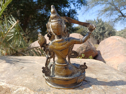 Vintage Hand-Made Brass Tibetan Buddhism Manjushree Statue: Flaming Sword of Enlightenment And Lotus of Knowledge, Old Buddhist Artifact