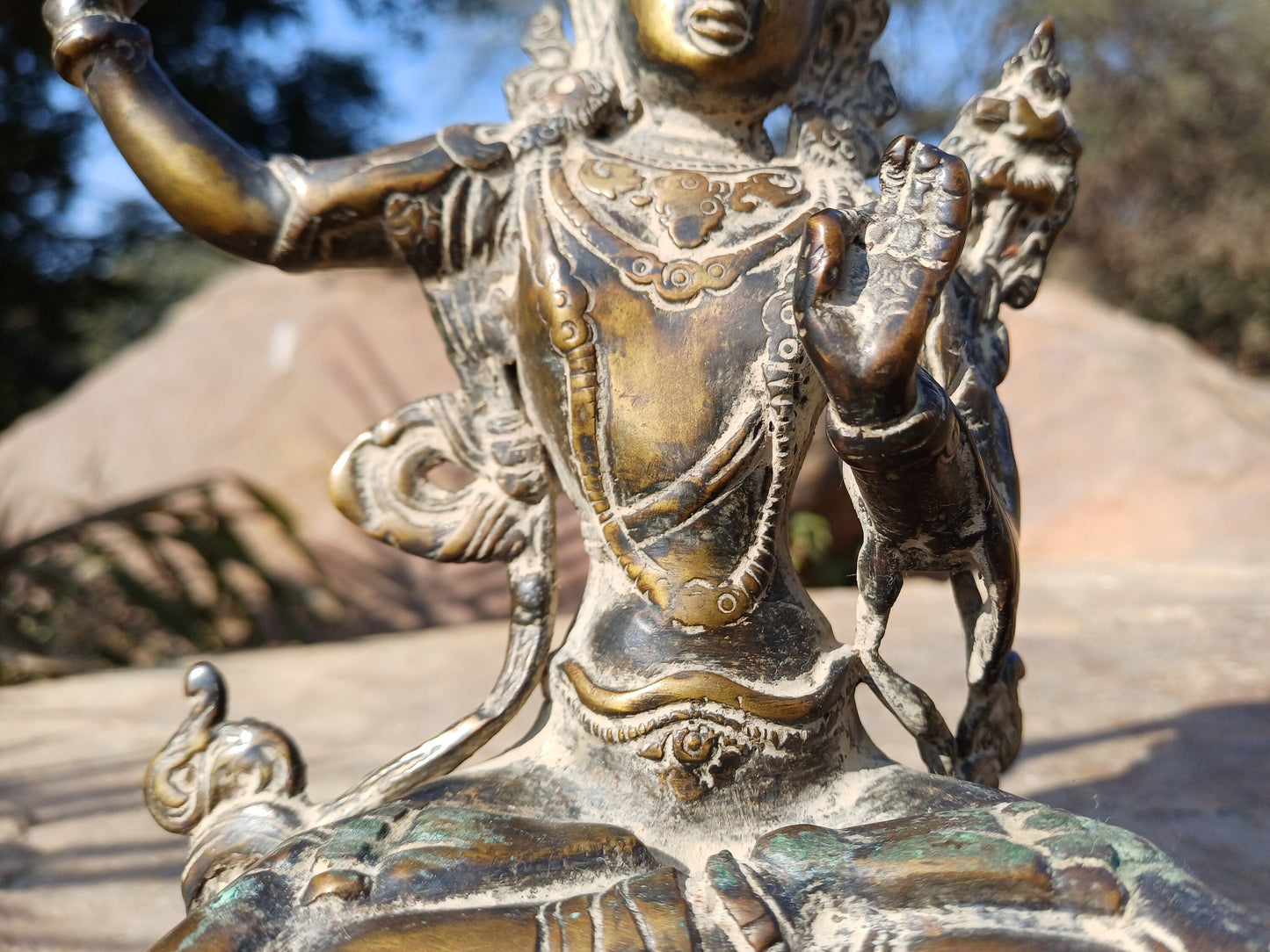Vintage Hand-Made Brass Tibetan Buddhism Manjushree Statue: Flaming Sword of Enlightenment And Lotus of Knowledge, Old Buddhist Artifact