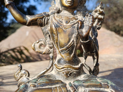Vintage Hand-Made Brass Tibetan Buddhism Manjushree Statue: Flaming Sword of Enlightenment And Lotus of Knowledge, Old Buddhist Artifact