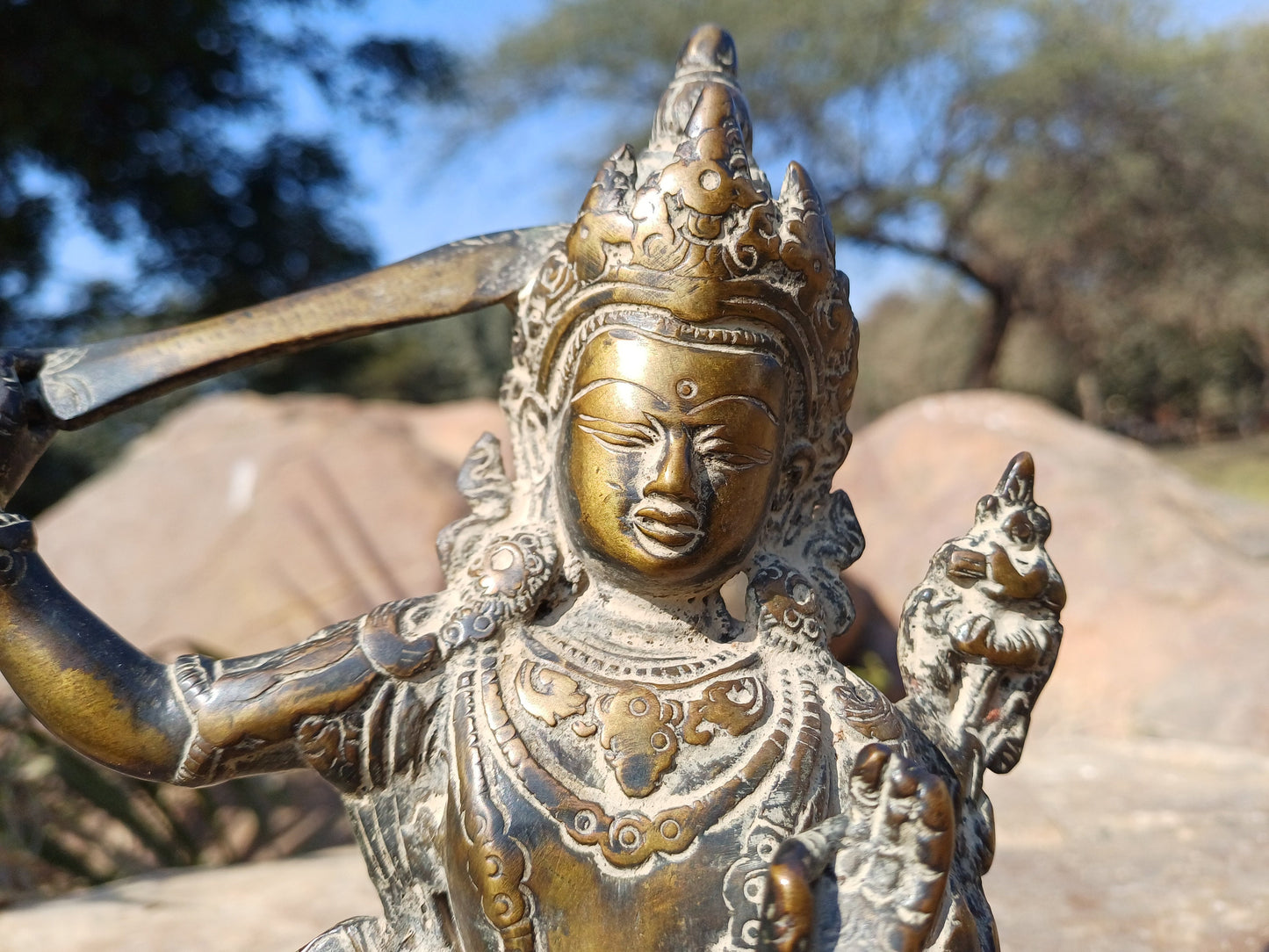 Vintage Hand-Made Brass Tibetan Buddhism Manjushree Statue: Flaming Sword of Enlightenment And Lotus of Knowledge, Old Buddhist Artifact