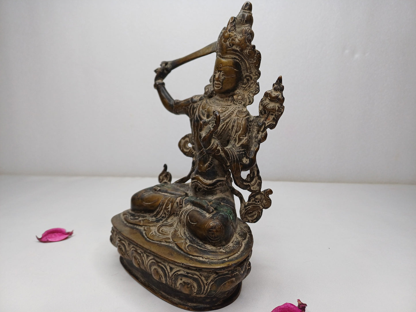 Vintage Hand-Made Brass Tibetan Buddhism Manjushree Statue: Flaming Sword of Enlightenment And Lotus of Knowledge, Old Buddhist Artifact