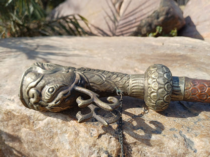 Antique Rare Tibetan Buddhism Ritual Instrument Copper Trumpet,Sacred Buddhist Tibetan Figural Dragon Head Ceremonial Horn,Buddhist Artifact