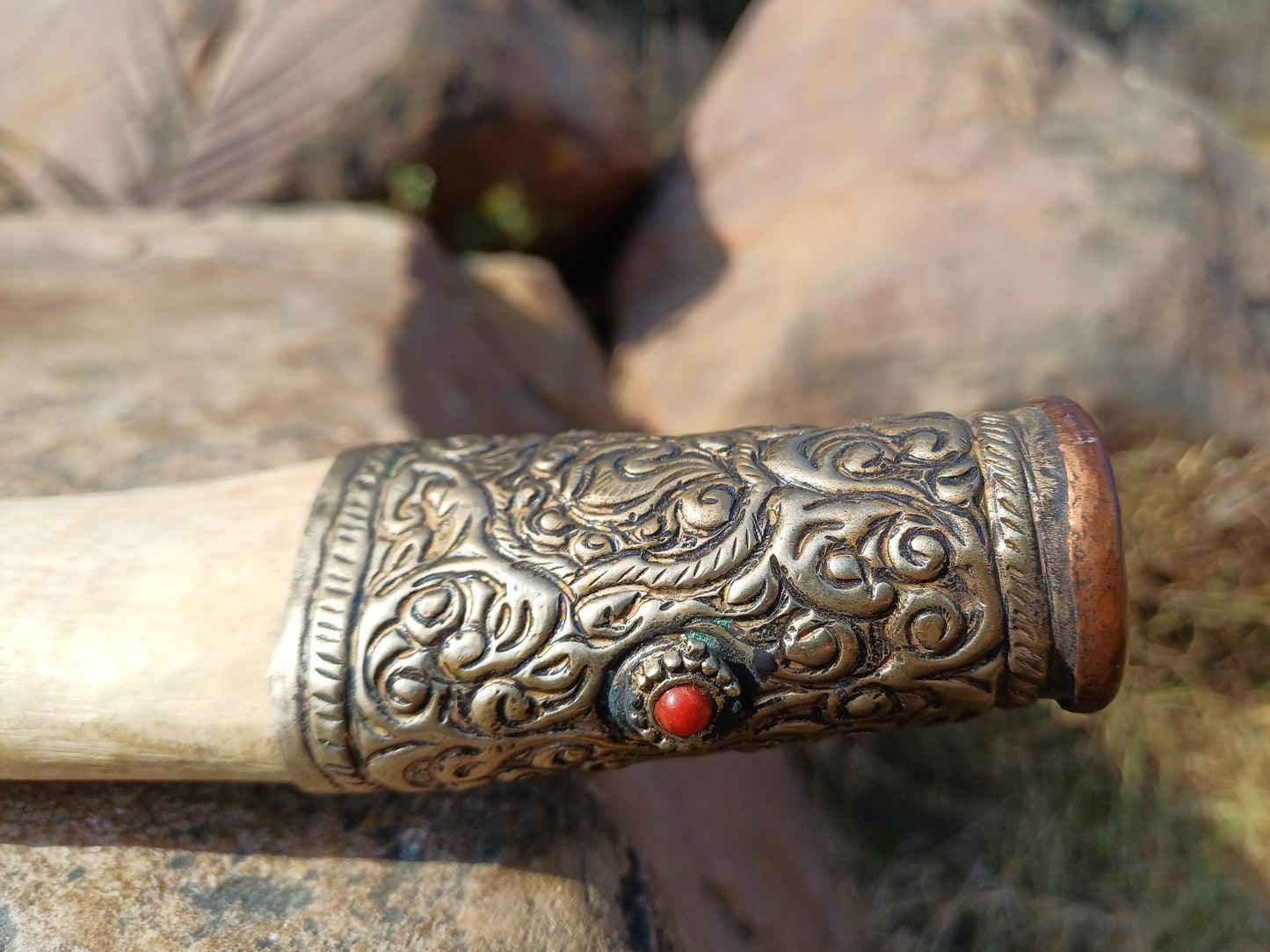 Vintage Bone Double Mahakala Hand Carved Silver Inlay Kangling Tibetan Ritual Trumpet,Used Traditional Tantrik Trumpet,Shaman  Buddhism Tool