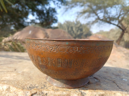 Antique Rare Handmade Copper Carved Tibetan Buddhist Shrine Prayer/Offering Bowl,Sacred Buddhist Figural Ceremonial Item,Buddhist Artifact