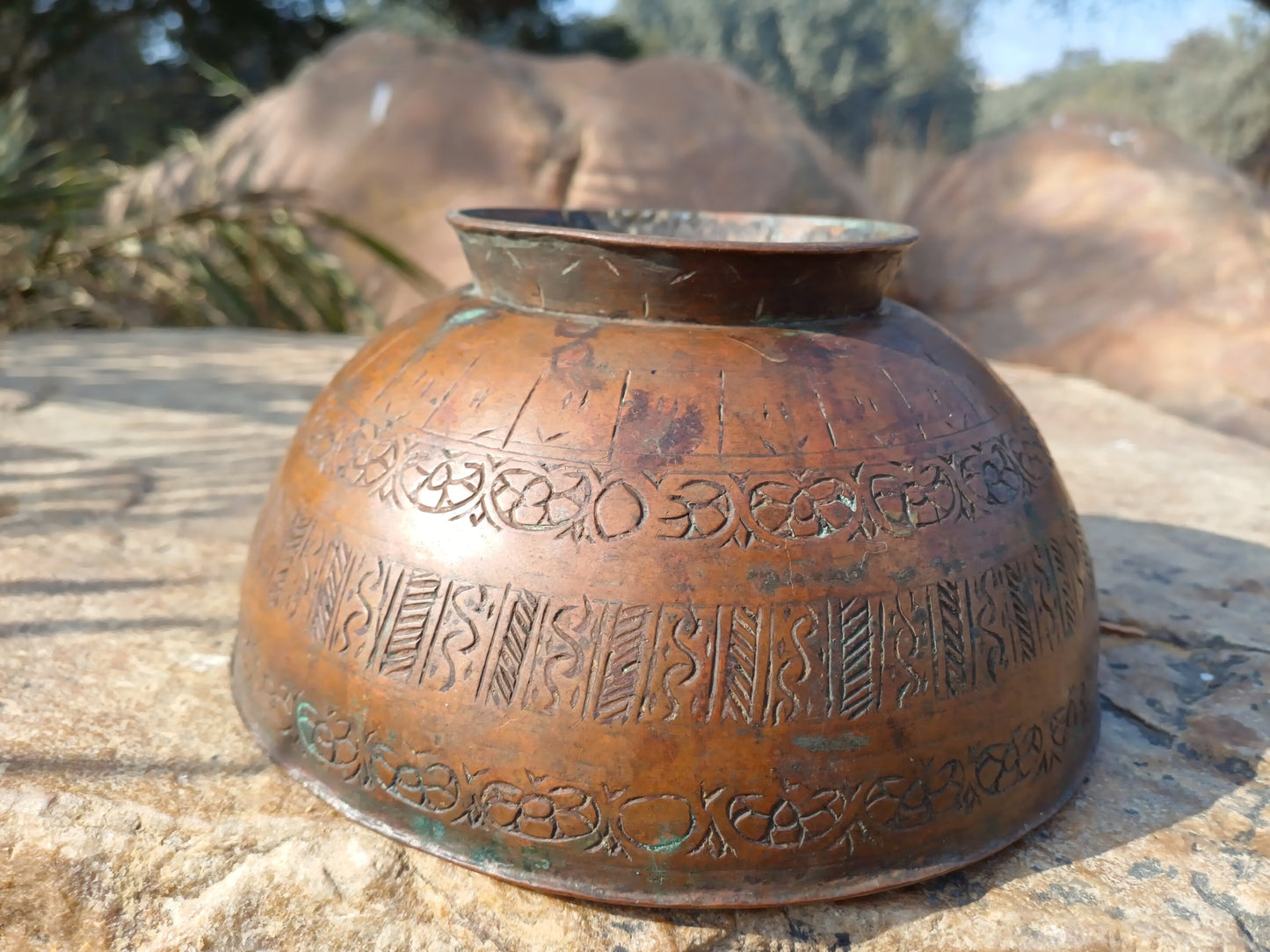 Antique Rare Handmade Copper Carved Tibetan Buddhist Shrine Prayer/Offering Bowl,Sacred Buddhist Figural Ceremonial Item,Buddhist Artifact