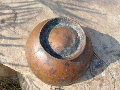 Antique Rare Handmade Copper Carved Tibetan Buddhist Shrine Prayer/Offering Bowl,Sacred Buddhist Figural Ceremonial Item,Buddhist Artifact