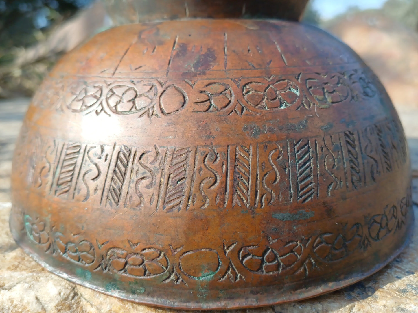 Antique Rare Handmade Copper Carved Tibetan Buddhist Shrine Prayer/Offering Bowl,Sacred Buddhist Figural Ceremonial Item,Buddhist Artifact
