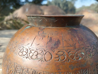 Antique Rare Handmade Copper Carved Tibetan Buddhist Shrine Prayer/Offering Bowl,Sacred Buddhist Figural Ceremonial Item,Buddhist Artifact