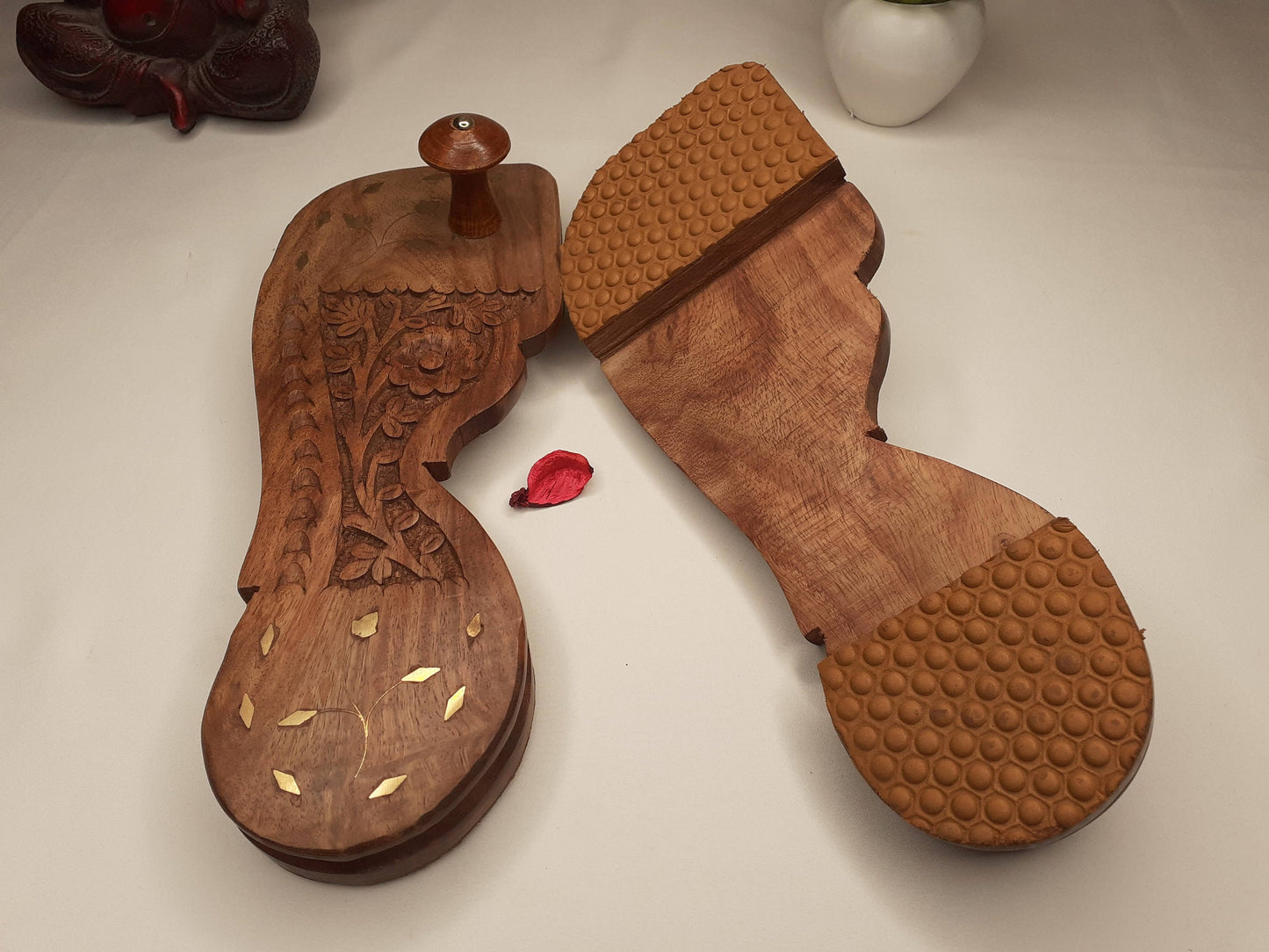Himalayan"Yogis" Handcrafted Traditional Wooden Slippers for Meditation and Yoga,Carved Wooden Charan Paduka with Brass Designed For Prayer