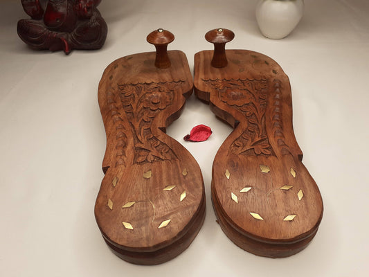 Himalayan"Yogis" Handcrafted Traditional Wooden Slippers for Meditation and Yoga,Carved Wooden Charan Paduka with Brass Designed For Prayer