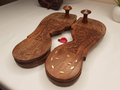 Himalayan"Yogis" Handcrafted Traditional Wooden Slippers for Meditation and Yoga,Carved Wooden Charan Paduka with Brass Designed For Prayer