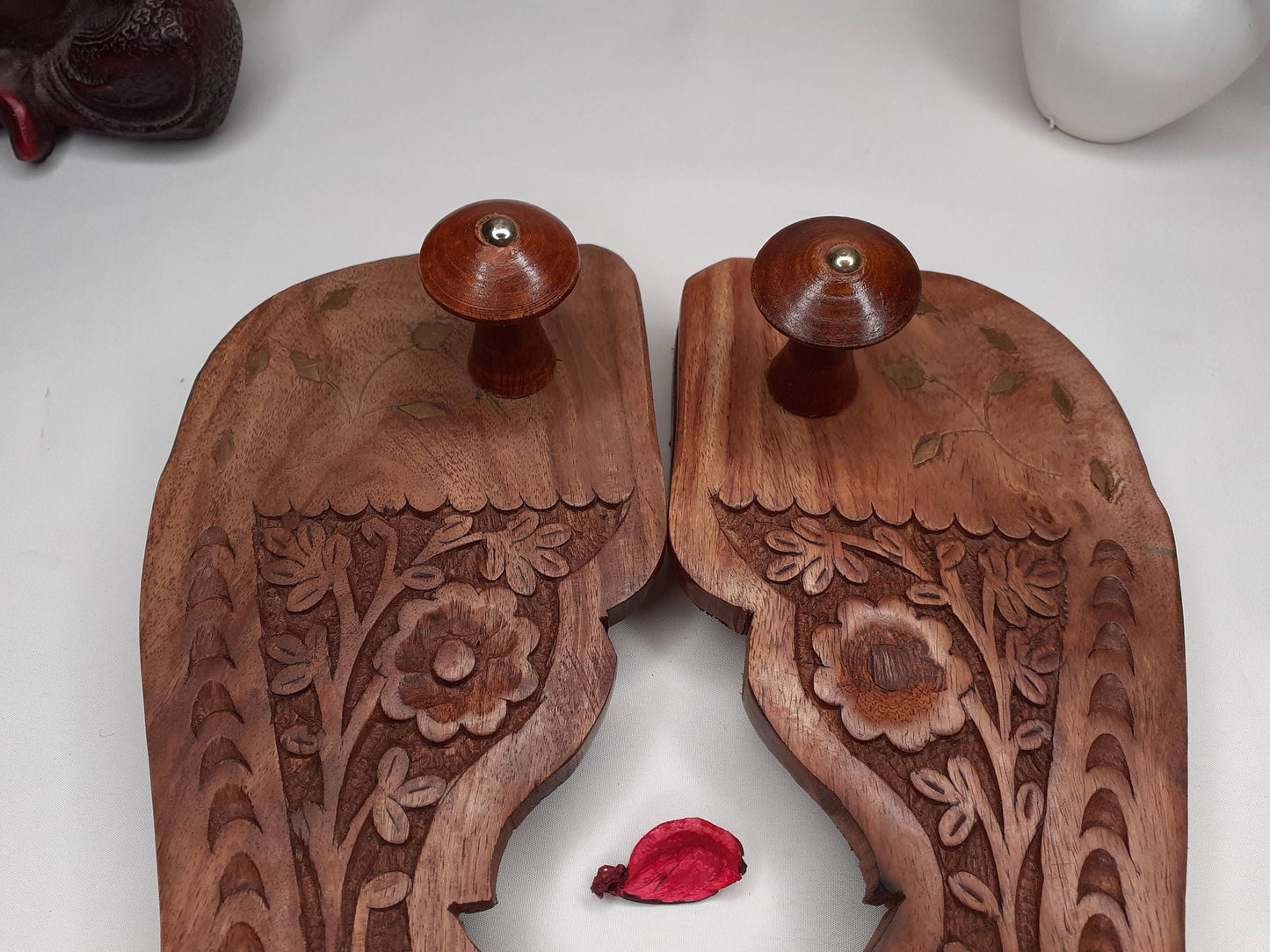 Himalayan"Yogis" Handcrafted Traditional Wooden Slippers for Meditation and Yoga,Carved Wooden Charan Paduka with Brass Designed For Prayer