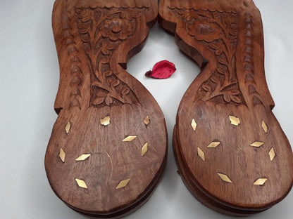 Himalayan"Yogis" Handcrafted Traditional Wooden Slippers for Meditation and Yoga,Carved Wooden Charan Paduka with Brass Designed For Prayer