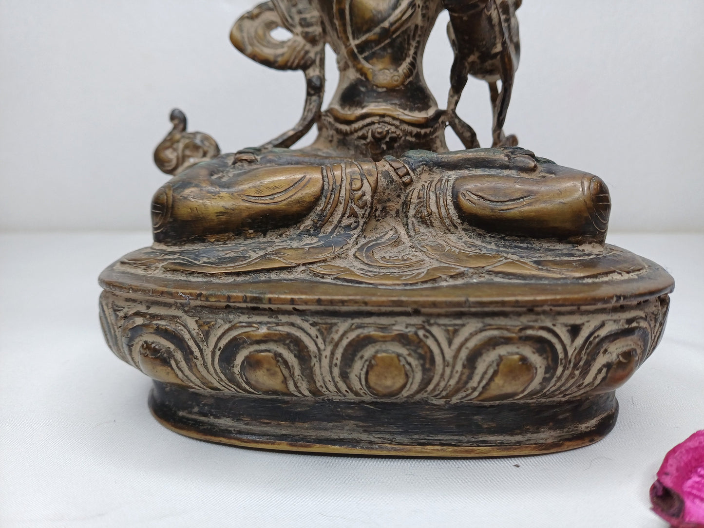 Vintage Hand-Made Brass Tibetan Buddhism Manjushree Statue: Flaming Sword of Enlightenment And Lotus of Knowledge, Old Buddhist Artifact