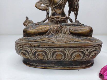 Vintage Hand-Made Brass Tibetan Buddhism Manjushree Statue: Flaming Sword of Enlightenment And Lotus of Knowledge, Old Buddhist Artifact