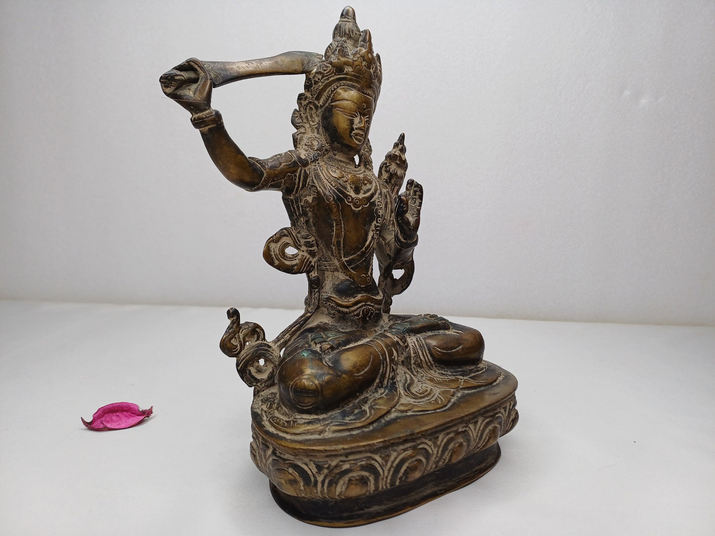 Vintage Hand-Made Brass Tibetan Buddhism Manjushree Statue: Flaming Sword of Enlightenment And Lotus of Knowledge, Old Buddhist Artifact
