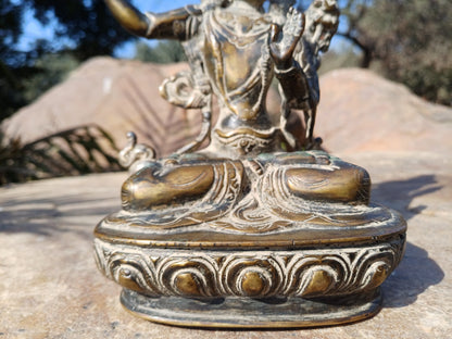 Vintage Hand-Made Brass Tibetan Buddhism Manjushree Statue: Flaming Sword of Enlightenment And Lotus of Knowledge, Old Buddhist Artifact