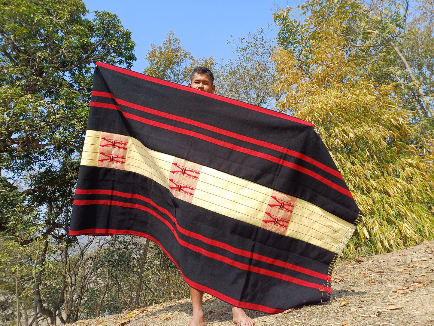 Large Thick Handwoven BlackRed/Beige Naga Tribe Traditional Blanket,Ethnic Sofa Throw,Native Indian Cloth,Naga Tribe Shawl,Tribal Wall Decor