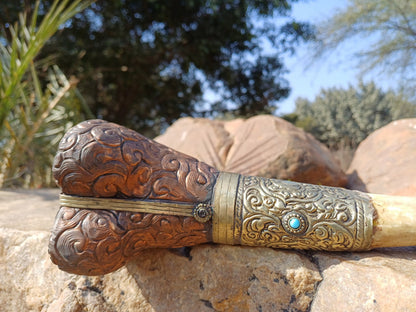 Vintage Bone Double Mahakala Hand Carved Silver Inlay Kangling Tibetan Ritual Trumpet,Used Traditional Tantrik Trumpet,Shaman  Buddhism Tool
