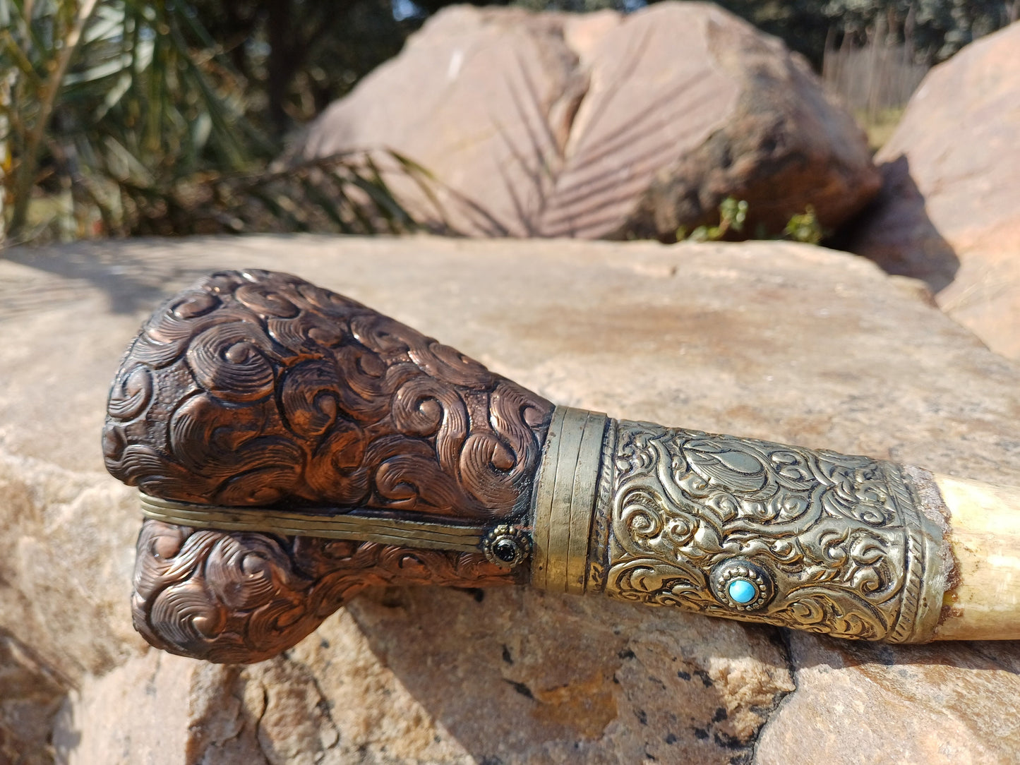 Vintage Bone Double Mahakala Hand Carved Silver Inlay Kangling Tibetan Ritual Trumpet,Used Traditional Tantrik Trumpet,Shaman  Buddhism Tool