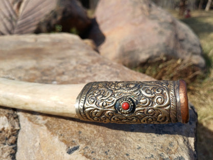 Vintage Bone Double Mahakala Hand Carved Silver Inlay Kangling Tibetan Ritual Trumpet,Used Traditional Tantrik Trumpet,Shaman  Buddhism Tool