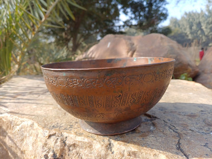 Antique Rare Handmade Copper Carved Tibetan Buddhist Shrine Prayer/Offering Bowl,Sacred Buddhist Figural Ceremonial Item,Buddhist Artifact
