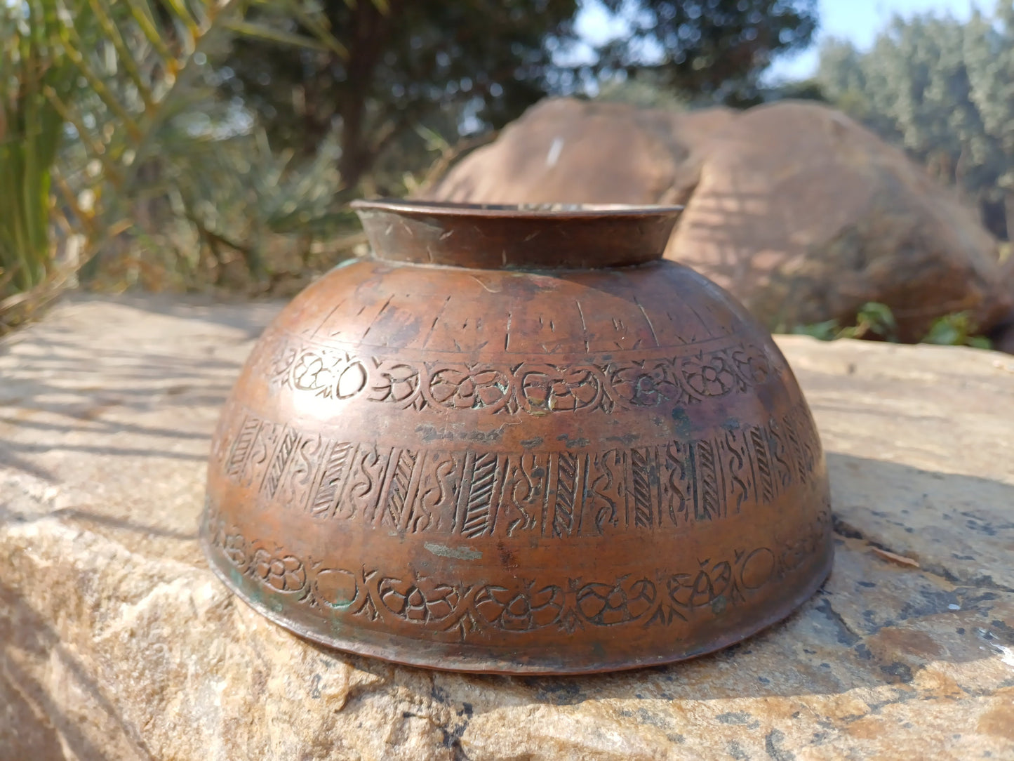 Antique Rare Handmade Copper Carved Tibetan Buddhist Shrine Prayer/Offering Bowl,Sacred Buddhist Figural Ceremonial Item,Buddhist Artifact