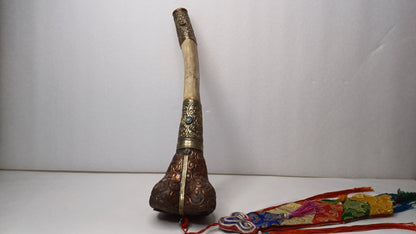 Vintage Bone Double Mahakala Hand Carved Silver Inlay Kangling Tibetan Ritual Trumpet,Used Traditional Tantrik Trumpet,Shaman  Buddhism Tool