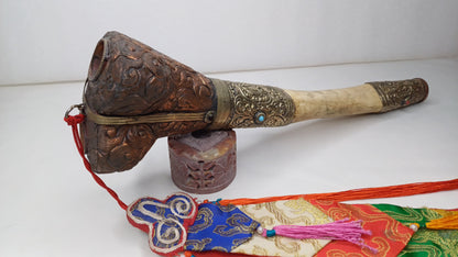 Vintage Bone Double Mahakala Hand Carved Silver Inlay Kangling Tibetan Ritual Trumpet,Used Traditional Tantrik Trumpet,Shaman  Buddhism Tool