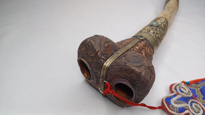 Vintage Bone Double Mahakala Hand Carved Silver Inlay Kangling Tibetan Ritual Trumpet,Used Traditional Tantrik Trumpet,Shaman  Buddhism Tool