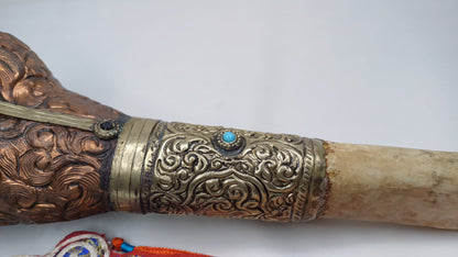 Vintage Bone Double Mahakala Hand Carved Silver Inlay Kangling Tibetan Ritual Trumpet,Used Traditional Tantrik Trumpet,Shaman  Buddhism Tool