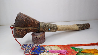 Vintage Bone Double Mahakala Hand Carved Silver Inlay Kangling Tibetan Ritual Trumpet,Used Traditional Tantrik Trumpet,Shaman  Buddhism Tool