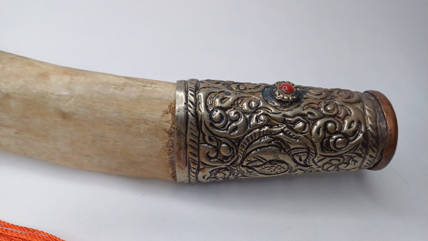 Vintage Bone Double Mahakala Hand Carved Silver Inlay Kangling Tibetan Ritual Trumpet,Used Traditional Tantrik Trumpet,Shaman  Buddhism Tool