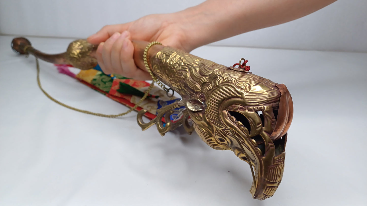 Vintage Rare Tibetan Buddhism Ritual Instrument Copper Trumpet,Sacred Buddhist Tibetan Figural Dragon Head Ceremonial Horn,Buddhist Artifact