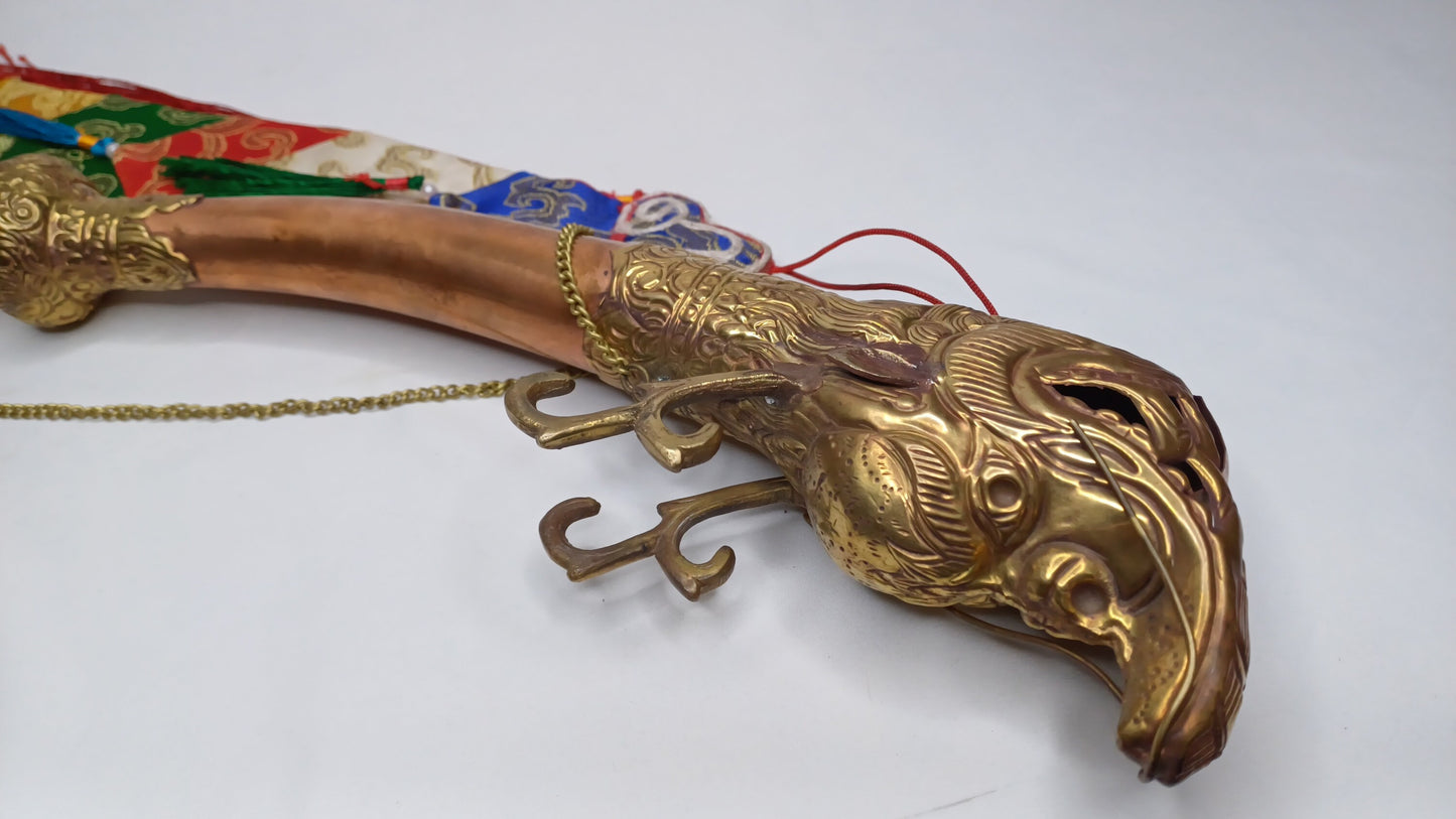 Vintage Rare Tibetan Buddhism Ritual Instrument Copper Trumpet,Sacred Buddhist Tibetan Figural Dragon Head Ceremonial Horn,Buddhist Artifact