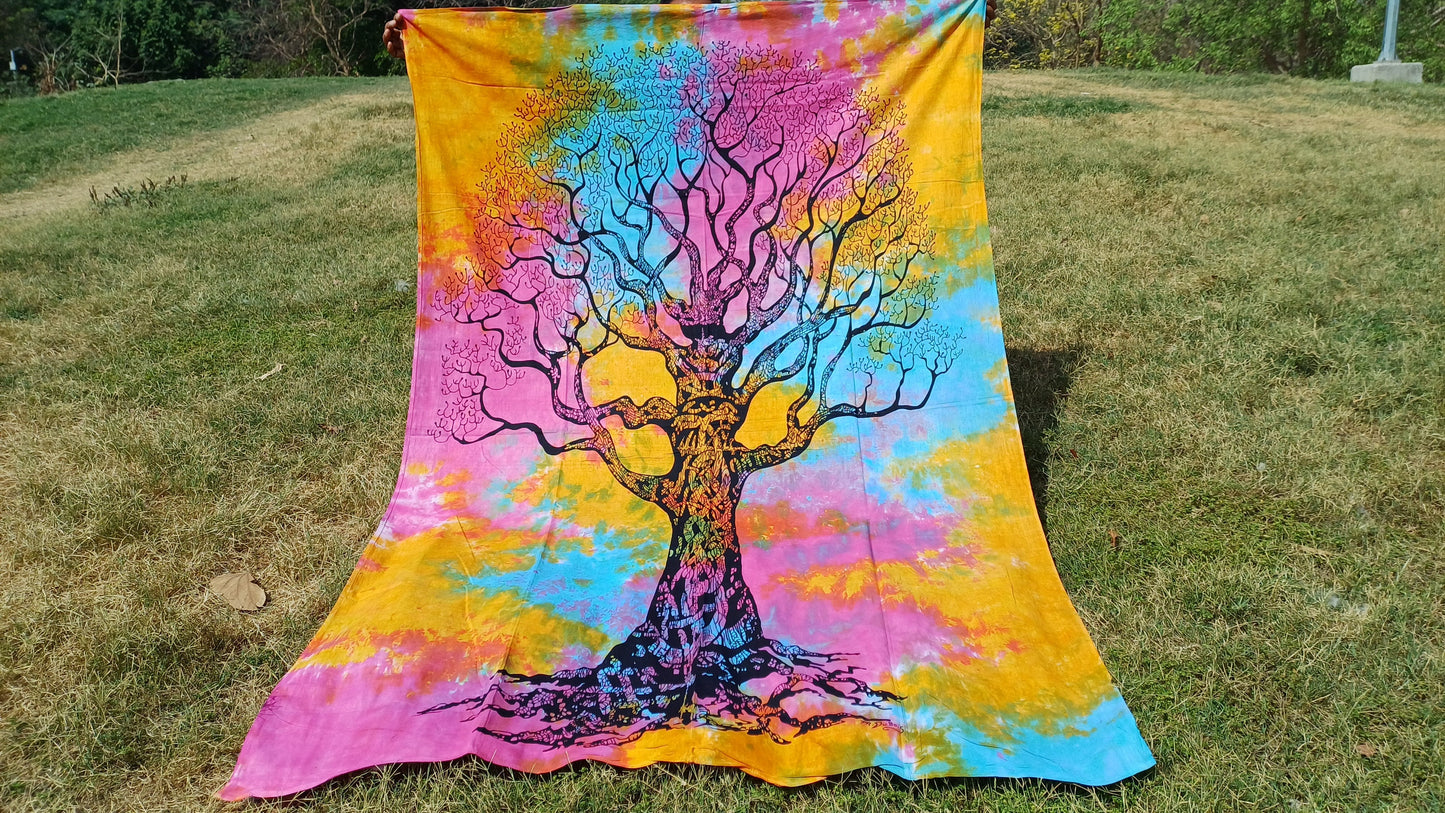 Natural Multi-Color Tie-Dyed Handprinted Tree of Life Rainbow Tapestry,Living Room Decor,Spiritual Wall Hanging,Zen Meditation Wall Art