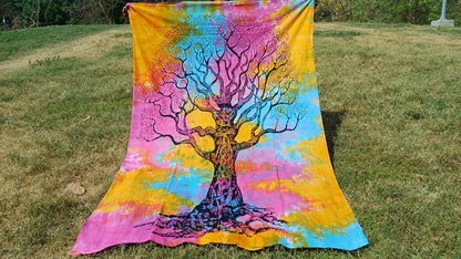 Natural Multi-Color Tie-Dyed Handprinted Tree of Life Rainbow Tapestry,Living Room Decor,Spiritual Wall Hanging,Zen Meditation Wall Art