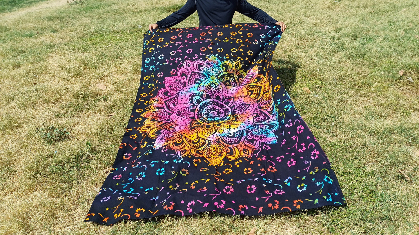 Natural Multi-Color Tie-Dyed Handprinted Mandala Tapestry,Living Room Decor,Spiritual Wall Hanging,Zen Meditation Wall Art,Gypsy Beachthrow