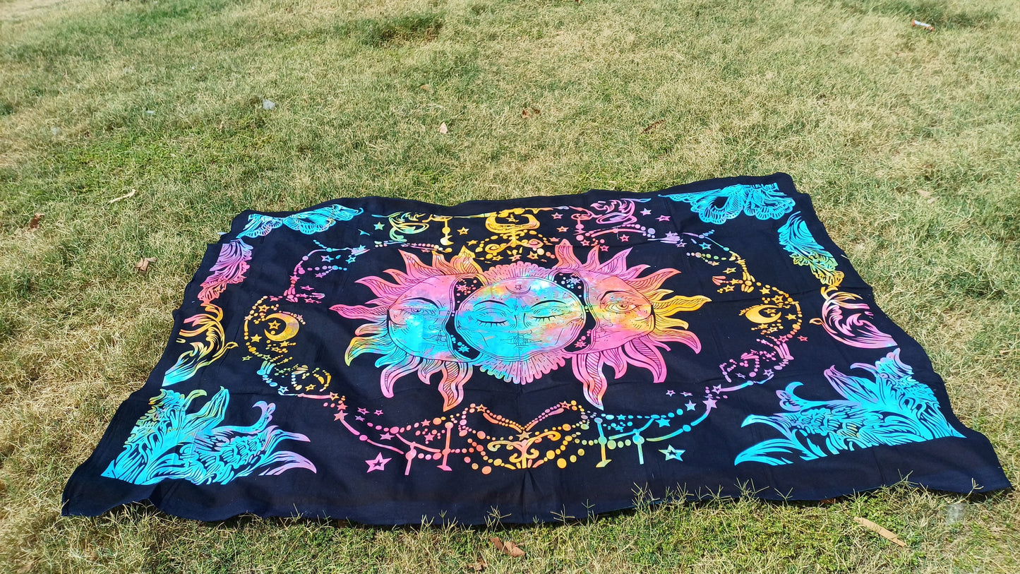 Natural Multi-Color Tie-Dyed Handprinted Sun Mandala Tapestry,Living Room Decor,Spiritual Wall Hanging,Zen Meditation Wall Art,Gypsy Throw
