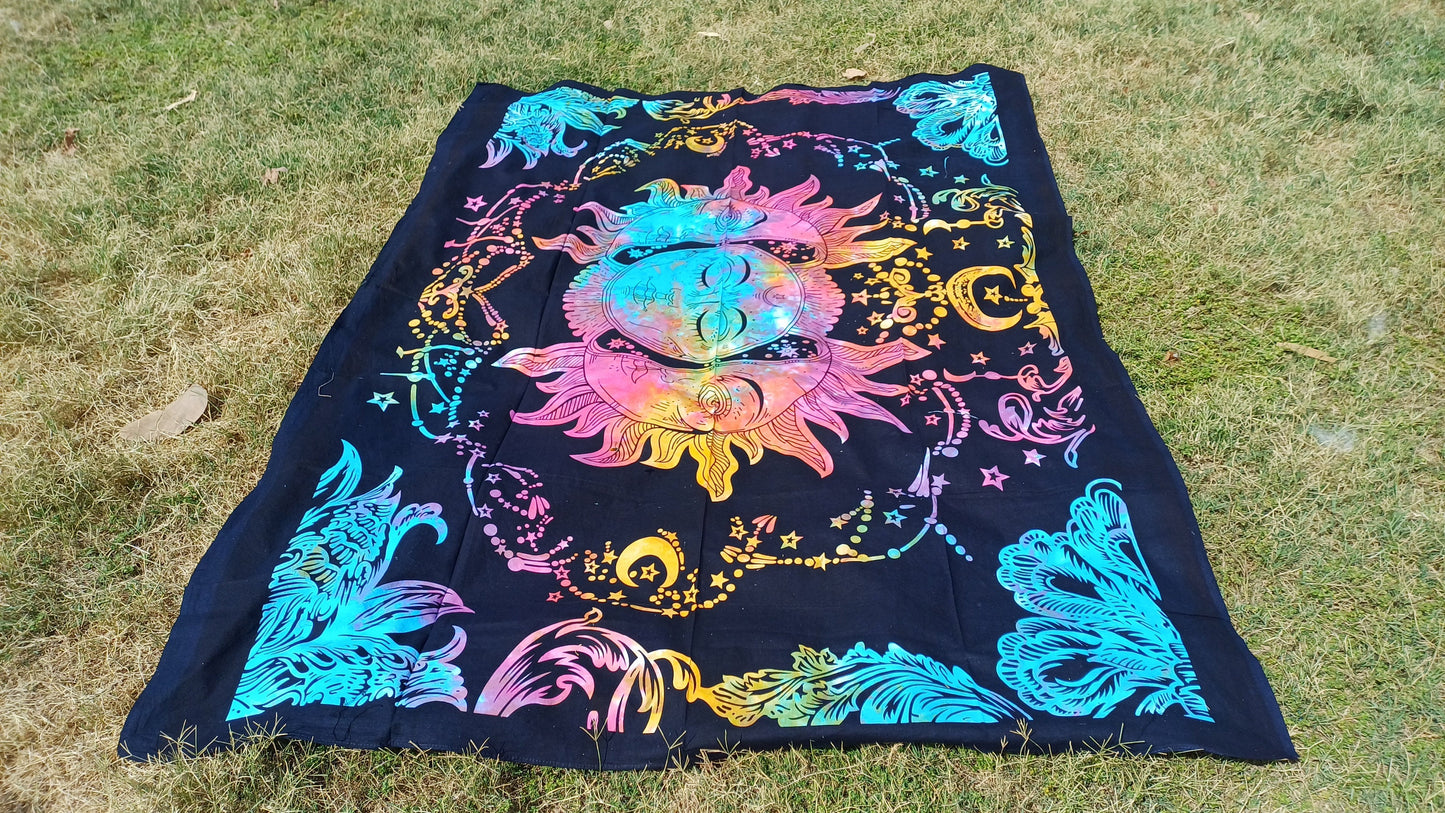 Natural Multi-Color Tie-Dyed Handprinted Sun Mandala Tapestry,Living Room Decor,Spiritual Wall Hanging,Zen Meditation Wall Art,Gypsy Throw