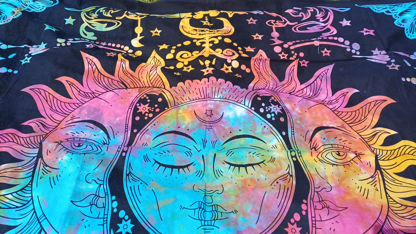 Natural Multi-Color Tie-Dyed Handprinted Sun Mandala Tapestry,Living Room Decor,Spiritual Wall Hanging,Zen Meditation Wall Art,Gypsy Throw