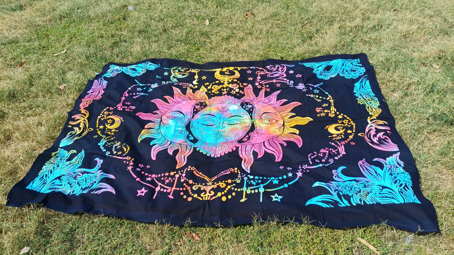 Natural Multi-Color Tie-Dyed Handprinted Sun Mandala Tapestry,Living Room Decor,Spiritual Wall Hanging,Zen Meditation Wall Art,Gypsy Throw