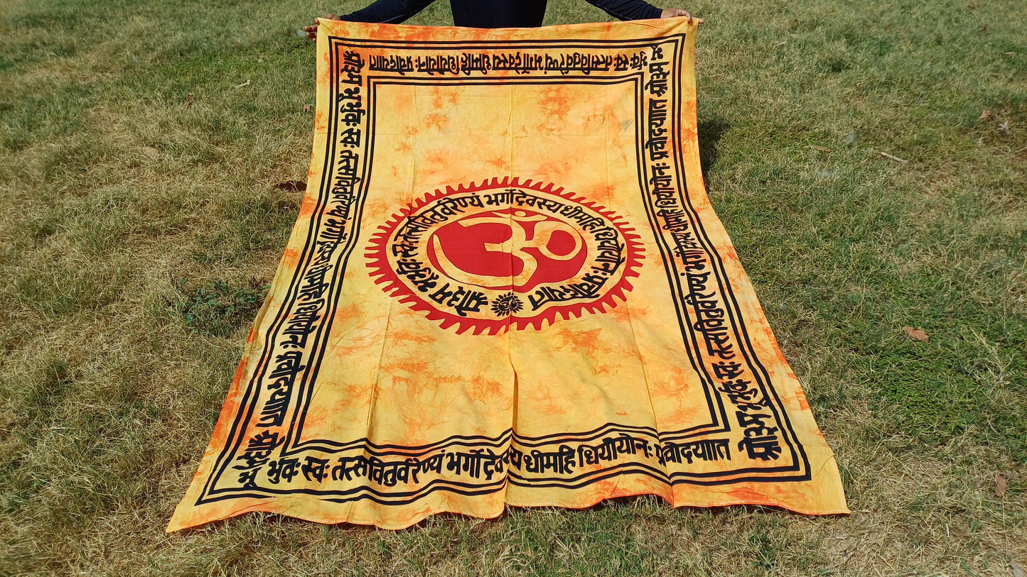 OM Hindu Gayatri Mantra Natural Multi-ColorTie-Dyed Handprinted CottonTapestry,Spiritual Wall Hanging,Zen Meditation,Celestial Yoga Tapestry
