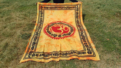 OM Hindu Gayatri Mantra Natural Multi-ColorTie-Dyed Handprinted CottonTapestry,Spiritual Wall Hanging,Zen Meditation,Celestial Yoga Tapestry