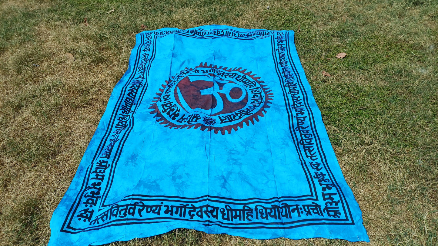 OM Hindu Gayatri Mantra Natural Multi-ColorTie-Dyed Handprinted CottonTapestry,Spiritual Wall Hanging,Zen Meditation,Celestial Yoga Tapestry